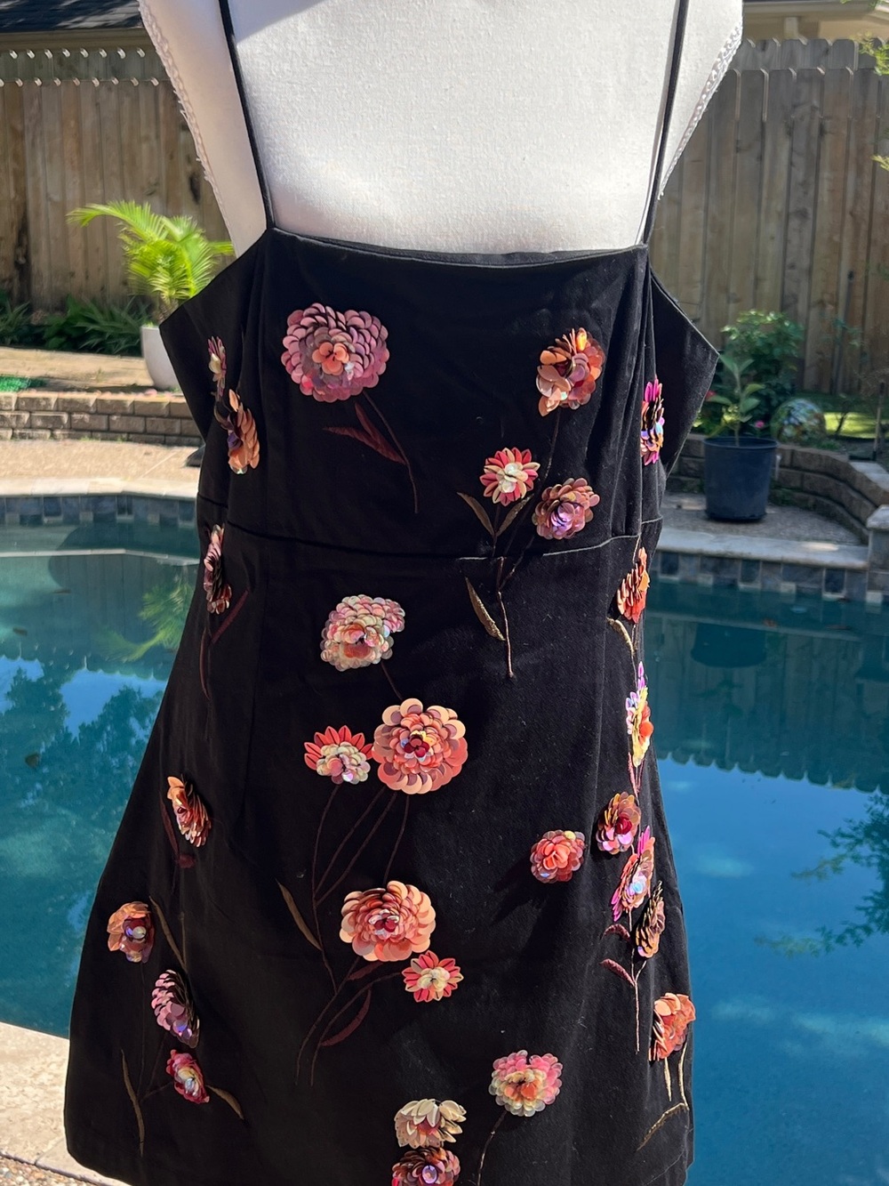 Maeve Black Mini Dress with Pink & Orange Floral Embroidery